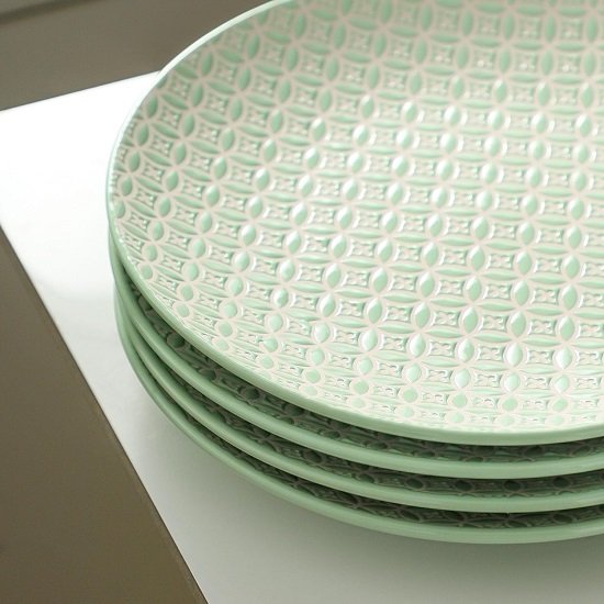 8in Ceramic Dessert Plates, Set of 4 - Salad Plates for Serving Dessert, Snacks, Pizza, Pasta, and Appetizers, Embossed Design, Solid Color - Green