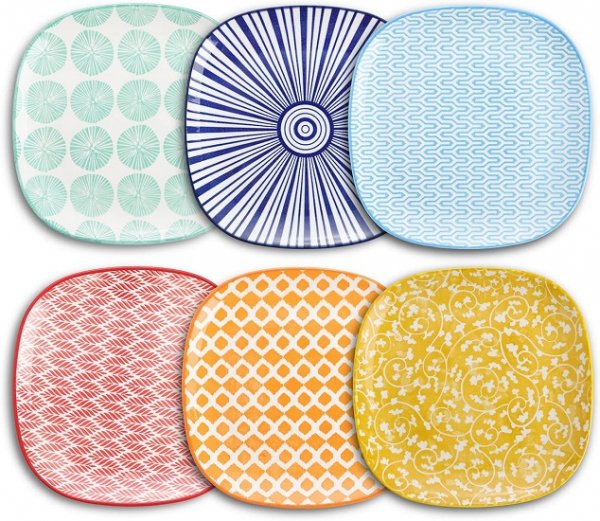 Porcelain Square Dessert Salad Pasta Plates 7.6 inches ceramic plates set of 6 microwave/dishwasher/oven safe, Assorted Colors
