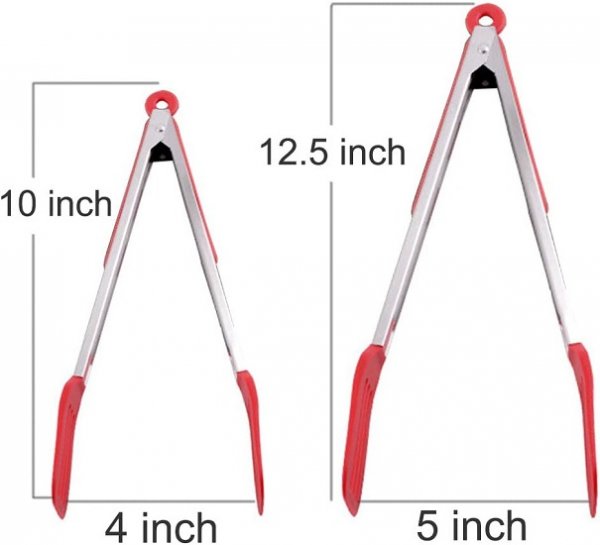 Cooking Tongs 9 inches and 12 inches Stainless Steel Kitchen Silicone Serving Tongs Heat Resistant Meat Turner Spatula Tongs Fish Tongs with Locking Handle Joint (Red)