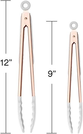 Stainless Steel Silicone Tip Kitchen Food Grilling and Cooking Tongs Set of Two for Nonstick Cookware, Grilling Tongs, Rose Gold and White 9" and 12"
