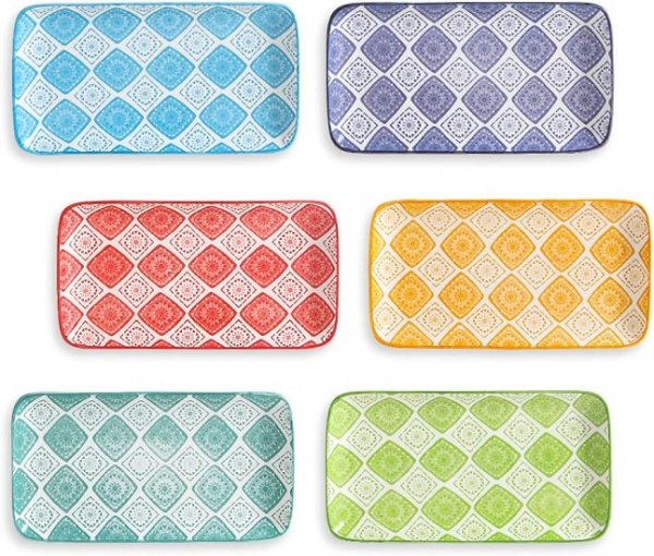 Appetizer Plate Set Dessert Plate - Small Rectangular Serving Plate for Sushi | Snacks | - Colorful Ceramic Dinnerware Set of 6 - Microwave and Dishwasher Safe - 8 Inch