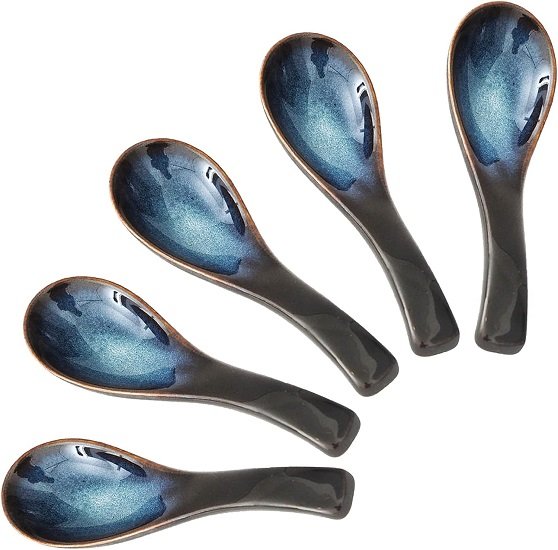 Ramen Soup Spoons Asian Blue Ceramic Soup Spoon for Pho Dessert Noodle 5 Pcs
